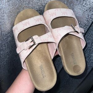 Michael Kors Light Pink MK Monogram Double-Buckle Slide Sandals